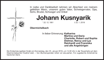 Traueranzeige von Johann Kusnyarik von Fürther Nachrichten Lokal