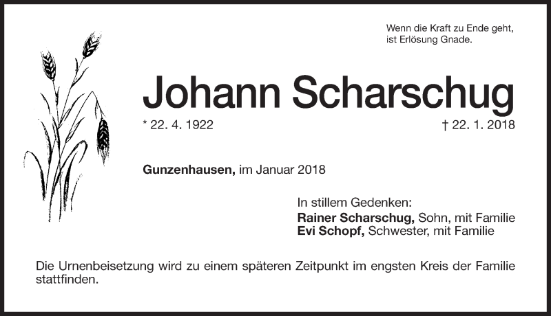  Traueranzeige für Johann Scharschug vom 25.01.2018 aus Altmühl-Bote Lokal