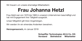 Traueranzeige von Johanna Hetzl von Nordbayerische Nachrichten Herzogenaurach Lokal