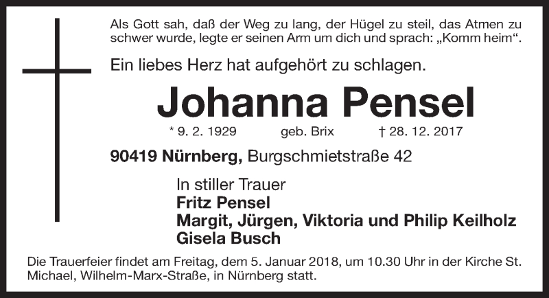  Traueranzeige für Johanna Pensel vom 02.01.2018 aus Gesamtausgabe Nürnberger Nachrichten/ Nürnberger Ztg.
