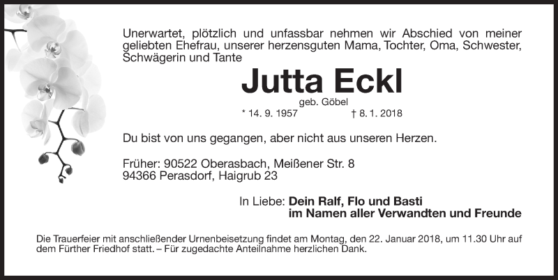  Traueranzeige für Jutta Eckl vom 17.01.2018 aus Fürther Nachrichten Lokal