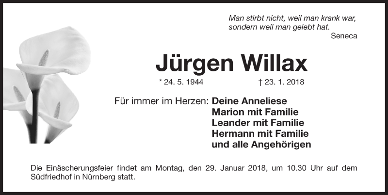  Traueranzeige für Jürgen Willax vom 27.01.2018 aus Gesamtausgabe Nürnberger Nachrichten/ Nürnberger Ztg.