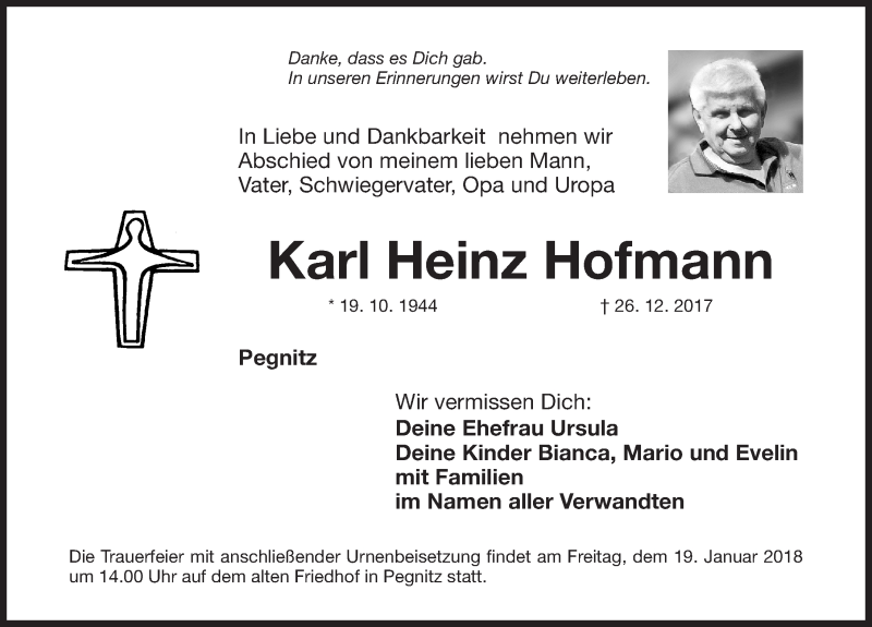  Traueranzeige für Karl-Heinz Hofmann vom 15.01.2018 aus Nordbayerische Nachrichten Pegnitz Lokal