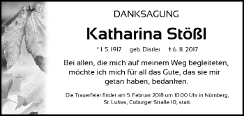Traueranzeige von Katharina Stößl von Gesamtausgabe Nürnberger Nachrichten/ Nürnberger Ztg.