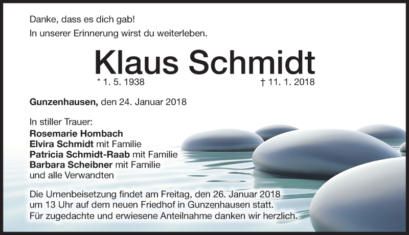  Traueranzeige für Klaus Schmidt vom 24.01.2018 aus Altmühl-Bote Lokal