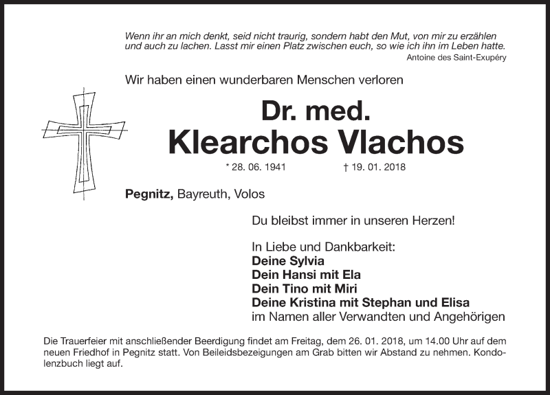  Traueranzeige für Klearchos Vlachos vom 23.01.2018 aus Nordbayerische Nachrichten Pegnitz Lokal