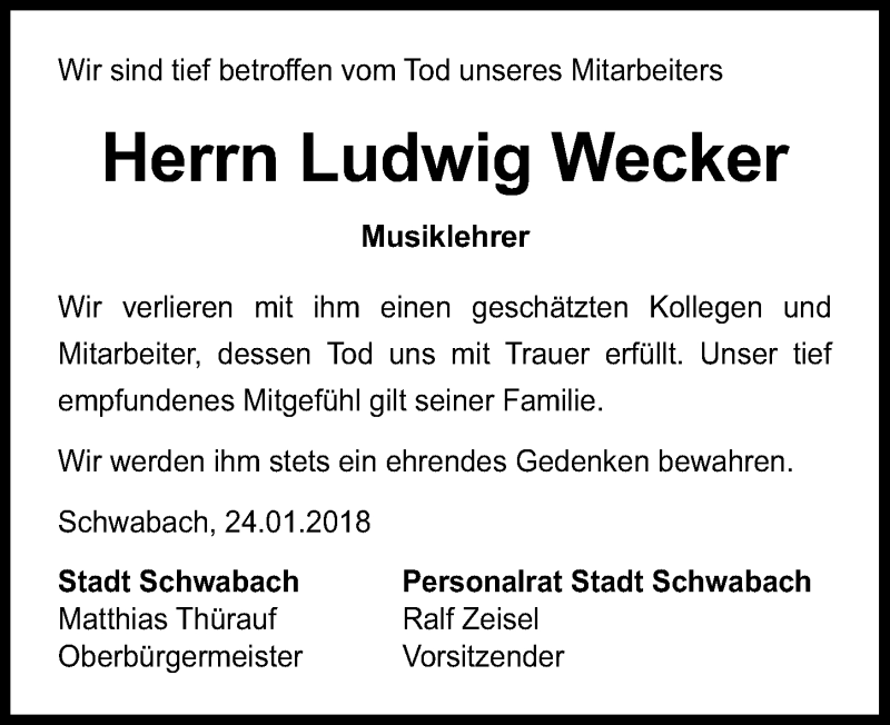  Traueranzeige für Ludwig Wecker vom 29.01.2018 aus Schwabach