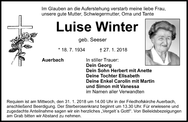 Traueranzeige für Luise Winter vom 30.01.2018 aus Nordbayerische Nachrichten Pegnitz Lokal