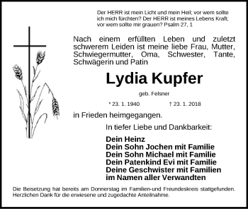 Traueranzeige von Lydia Kupfer von Schwabach