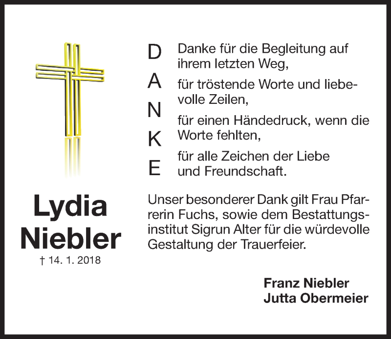  Traueranzeige für Lydia Niebler vom 24.01.2018 aus Gesamtausgabe Nürnberger Nachrichten/ Nürnberger Ztg.
