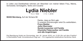 Traueranzeige von Lydia Niebler von Gesamtausgabe Nürnberger Nachrichten/ Nürnberger Ztg.