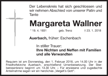 Traueranzeige von Margareta Wallner von Nordbayerische Nachrichten Pegnitz Lokal