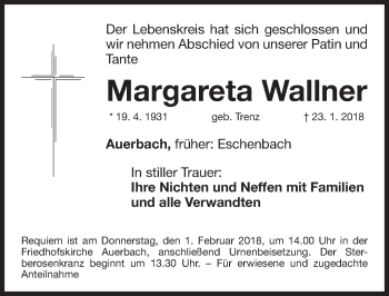 Traueranzeige von Margareta Wallner von Nordbayerische Nachrichten Pegnitz Lokal
