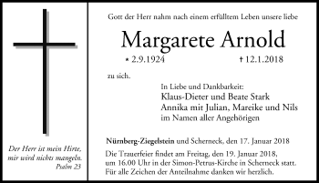 Traueranzeige von Margarete Arnold von Gesamtausgabe Nürnberger Nachrichten/ Nürnberger Ztg.