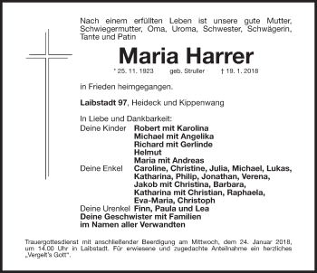 Traueranzeige von Maria Harrer von Roth-Hilpoltsteiner Volkszeitung Lokal