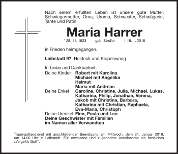 Traueranzeige von Maria Harrer von Roth-Hilpoltsteiner Volkszeitung Lokal