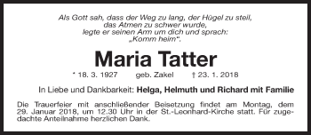 Traueranzeige von Maria Tatter von Gesamtausgabe Nürnberger Nachrichten/ Nürnberger Ztg.