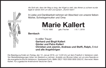 Traueranzeige von Marie Kallert von Fürther Nachrichten Lokal