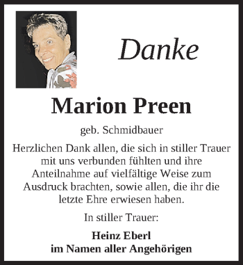 Traueranzeige von Marion Preen von Gesamtausgabe Nürnberger Nachrichten/ Nürnberger Ztg.