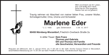 Traueranzeige von Marlene Eder von Gesamtausgabe Nürnberger Nachrichten/ Nürnberger Ztg.