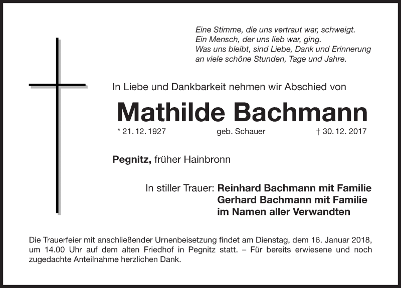  Traueranzeige für Mathilde Bachmann vom 13.01.2018 aus Nordbayerische Nachrichten Pegnitz Lokal