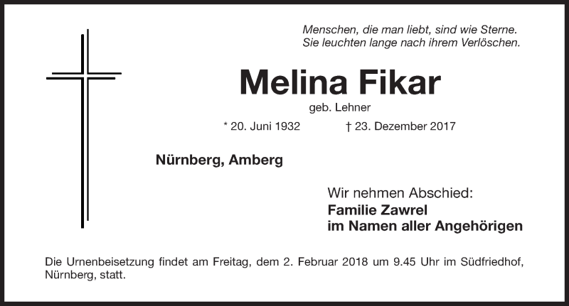  Traueranzeige für Melina Fikar vom 30.01.2018 aus Gesamtausgabe Nürnberger Nachrichten/ Nürnberger Ztg.