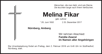 Traueranzeige von Melina Fikar von Gesamtausgabe Nürnberger Nachrichten/ Nürnberger Ztg.
