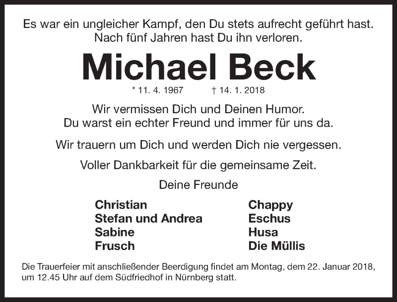  Traueranzeige für Michael Beck vom 18.01.2018 aus Gesamtausgabe Nürnberger Nachrichten/ Nürnberger Ztg.