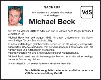 Traueranzeige von Michael Beck von Gesamtausgabe Nürnberger Nachrichten/ Nürnberger Ztg.