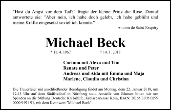 Traueranzeige von Michael Beck von Gesamtausgabe Nürnberger Nachrichten/ Nürnberger Ztg.