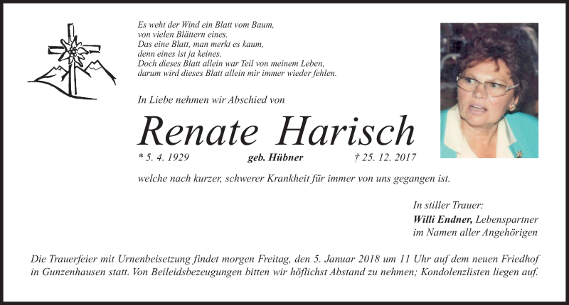  Traueranzeige für Renate Hanisch vom 04.01.2018 aus Altmühl-Bote Lokal