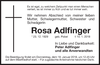 Traueranzeige von Rosa Adlfinger von Gesamtausgabe Nürnberger Nachrichten/ Nürnberger Ztg.