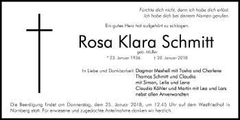 Traueranzeige von Rosa Klara Schmitt von Gesamtausgabe Nürnberger Nachrichten/ Nürnberger Ztg.