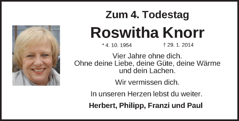  Traueranzeige für Roswitha Knorr vom 29.01.2018 aus Schwabach