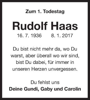 Traueranzeige von Rudolf Haas von Gesamtausgabe Nürnberger Nachrichten/ Nürnberger Ztg.