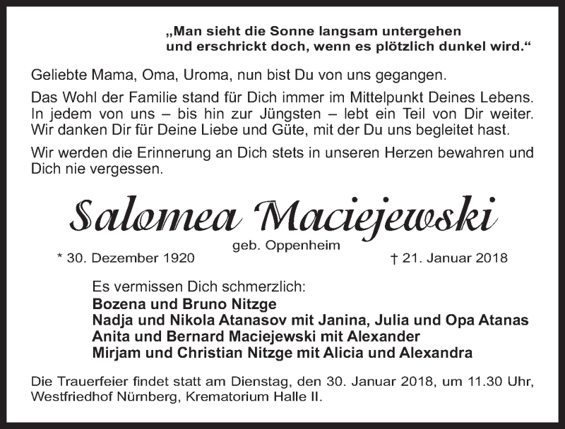  Traueranzeige für Salomea Maciejewski vom 27.01.2018 aus Gesamtausgabe Nürnberger Nachrichten/ Nürnberger Ztg.