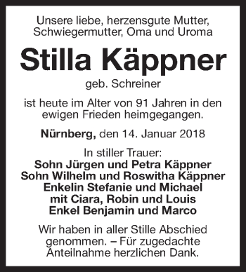 Traueranzeige von Stilla Käppner von Gesamtausgabe Nürnberger Nachrichten/ Nürnberger Ztg.