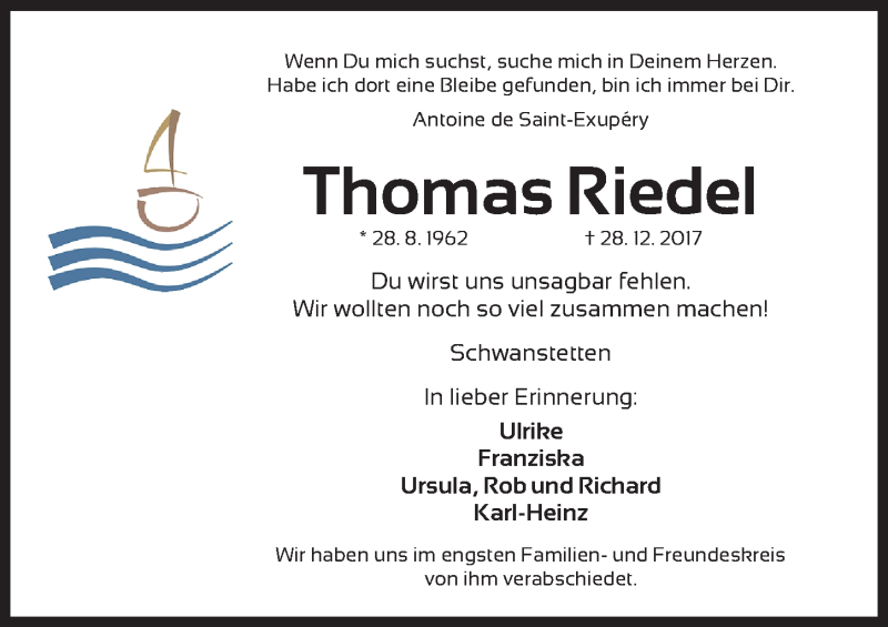  Traueranzeige für Thomas Riedel vom 08.01.2018 aus Gesamtausgabe Nürnberger Nachrichten/ Nürnberger Ztg.