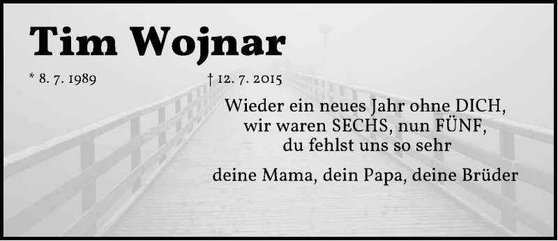  Traueranzeige für Tim Wojnar vom 03.01.2018 aus Gesamtausgabe Nürnberger Nachrichten/ Nürnberger Ztg.