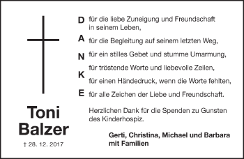 Traueranzeige von Toni Balzer von Gesamtausgabe Nürnberger Nachrichten/ Nürnberger Ztg.