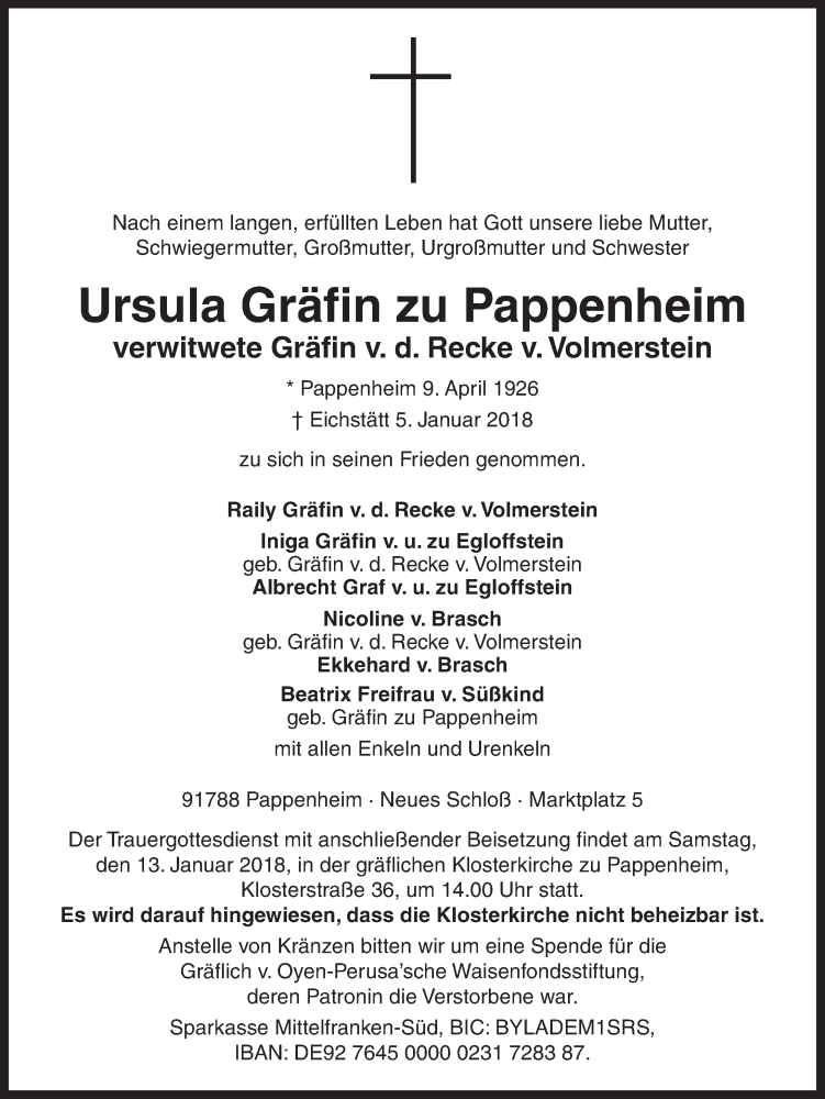  Traueranzeige für Ursula  Gräfin zu Pappenheim vom 09.01.2018 aus Gesamtausgabe Nürnberger Nachrichten/ Nürnberger Ztg.