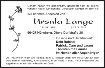 Traueranzeige von Ursula Lange von Gesamtausgabe Nürnberger Nachrichten/ Nürnberger Ztg.
