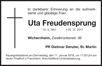 Traueranzeige von Uta Freudensprung von Nordbayerische Nachrichten Forchheim Lokal