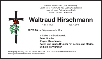 Traueranzeige von Waltraud Hirschmann von Fürther Nachrichten Lokal