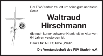 Traueranzeige von Waltraud Hirschmann von Fürther Nachrichten Lokal