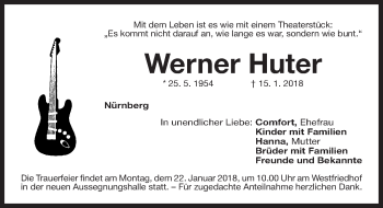 Traueranzeige von Werner Huter von Gesamtausgabe Nürnberger Nachrichten/ Nürnberger Ztg.