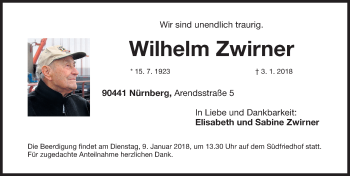 Traueranzeige von Wilhelm Zwirner von Gesamtausgabe Nürnberger Nachrichten/ Nürnberger Ztg.