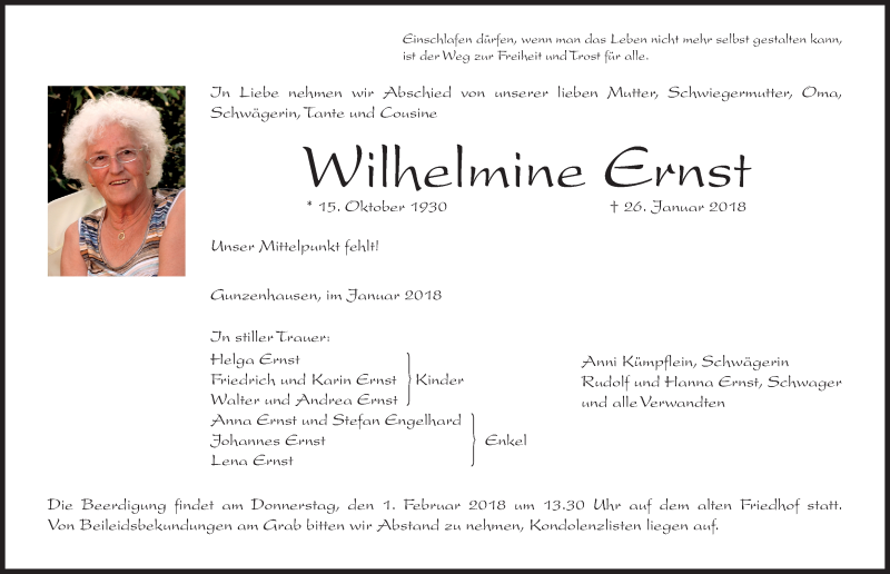  Traueranzeige für Wilhelmine Ernst vom 30.01.2018 aus Altmühl-Bote Lokal