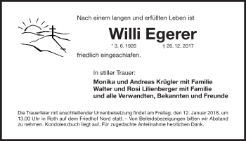 Traueranzeige von Willi Egerer von Roth-Hilpoltsteiner Volkszeitung Lokal