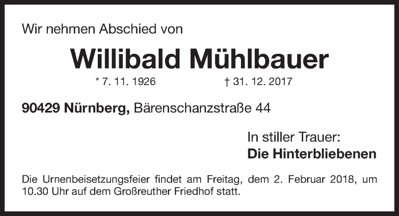  Traueranzeige für Willibald Mühlbauer vom 27.01.2018 aus Gesamtausgabe Nürnberger Nachrichten/ Nürnberger Ztg.